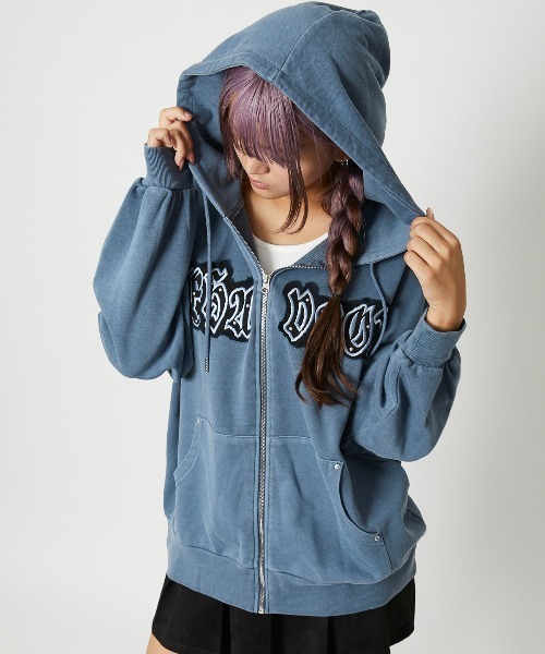 パーカー 「アップリケ×刺繍×ストーン装飾」レディース 裏毛 ジップ