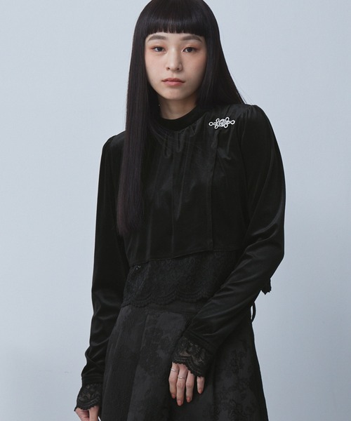 ELUNIS tシャツ レースレイヤードベロアトップス レディース