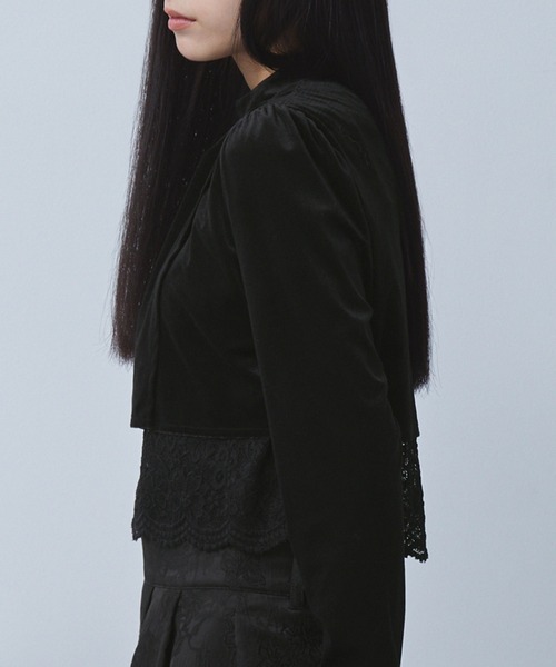 ELUNIS tシャツ レースレイヤードベロアトップス レディース