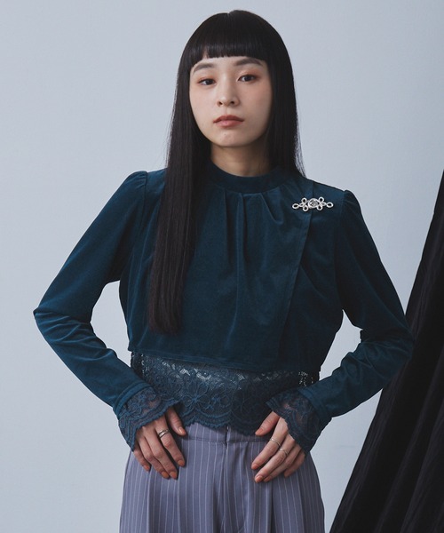ELUNIS tシャツ レースレイヤードベロアトップス レディース 