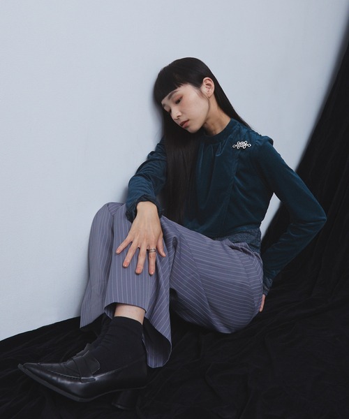 ELUNIS tシャツ レースレイヤードベロアトップス レディース