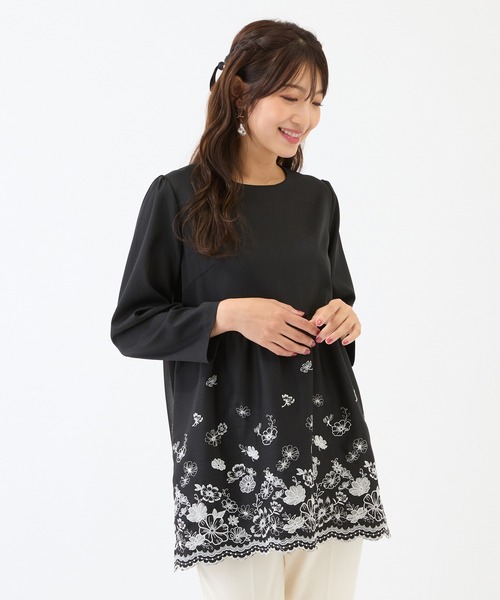 黒 花柄刺繍 五分袖チュニック 黒の花柄刺繍五分袖チュニック