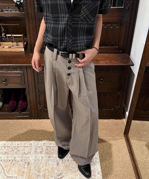 FreeZone チノパン 4ボタンハイウエスト ワイドタックパンツ メンズ