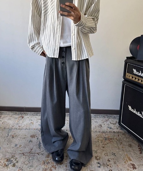 FreeZone チノパン 4ボタンハイウエスト ワイドタックパンツ メンズ