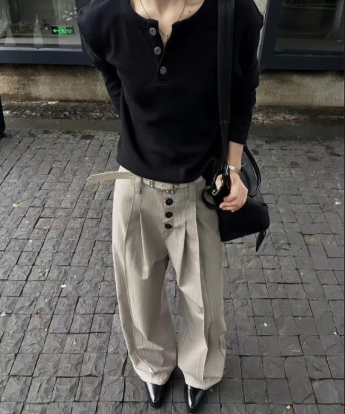 FreeZone チノパン 4ボタンハイウエスト ワイドタックパンツ メンズ