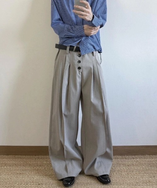 FreeZone チノパン 4ボタンハイウエスト ワイドタックパンツ メンズ