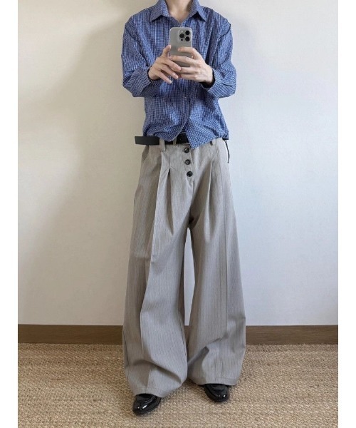 push pushのチノパン FreeZone チノパン 4ボタンハイウエスト ワイドタックパンツ メンズ