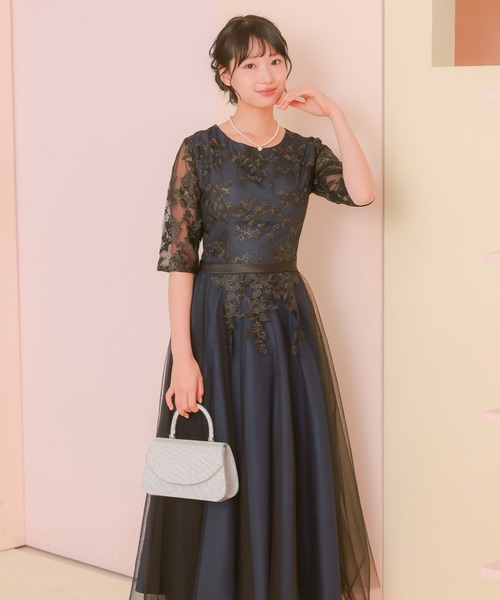ドレス パーティードレス 二次会ミモレ丈ドレスフラワー刺繍レース五分袖フレアチュール結婚式 大きいサイズ 30代 お呼ばれ_2