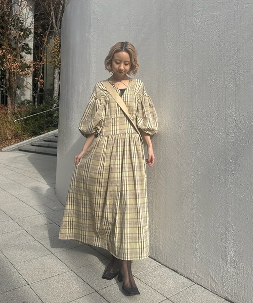 Ameri（アメリ） ワンピース BALLOON SLEEVE CHECK DRESS : ZOZOTOWN