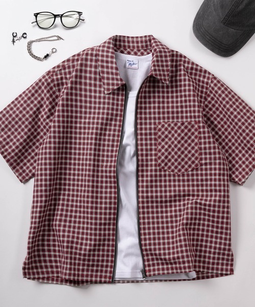 シャツ 「82」ショート丈 フロントジップ チェック 半袖シャツ/ユニ シャツ 「82」ショート丈 フロントジップ チェック 半袖シャツ/ユニ