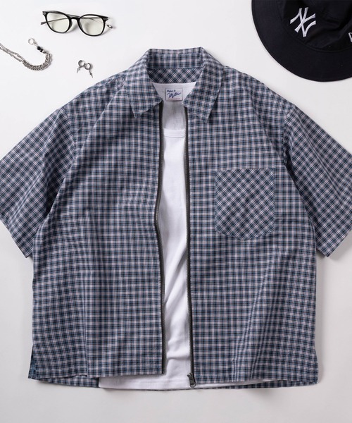 シャツ 「82」ショート丈 フロントジップ チェック 半袖シャツ/ユニ