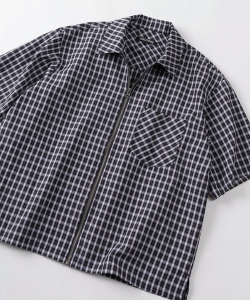 シャツ 半袖 「82」ショート丈 フロントジップ ミニチェック 半袖