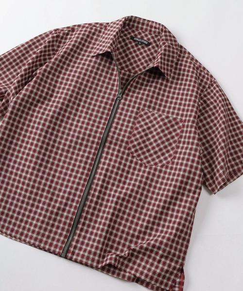 シャツ 半袖 「82」ショート丈 フロントジップ ミニチェック 半袖