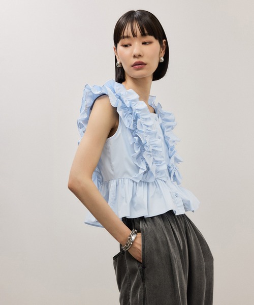 アダムエロぺ　フリルブラウス　ブルー　新品 ADAM ET ROPE'（アダムエロペ） ブラウス シャツ 「サステナブル
