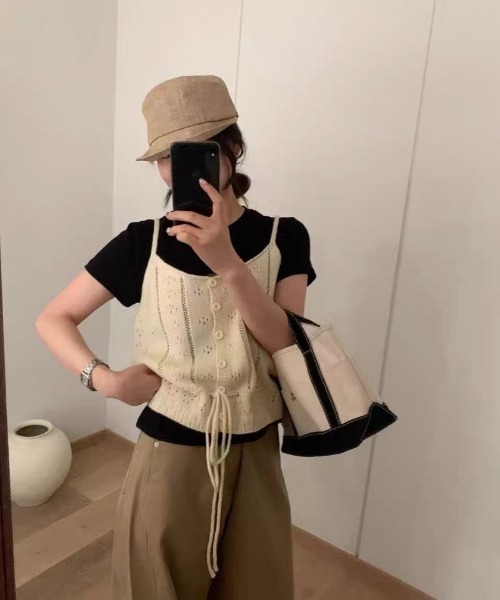 【M.＆KYOKO】 日本製 和紙混 透かし編み ニット ジレ ベスト ベスト ジレ 透かし編みサイド紐調整ニットタンクベスト レディース