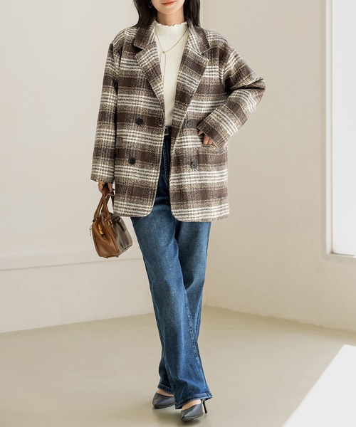 美品　黒と白のチェック柄ウールコート ウールカシミヤグレンチェック ショートコート