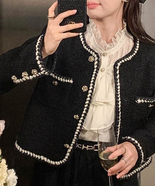 新品未使用✨Randy ツイードジャケット ブラック Sサイズ♡ ニ*ク様 Randy アシンメトリーバックルツイードパデットジャケット