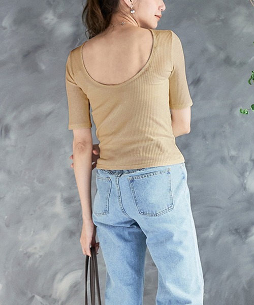 tシャツ バックオープン トップス Tシャツ 半袖 背中あき 肌見せ