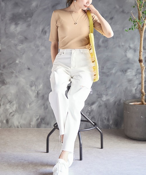 tシャツ バックオープン トップス Tシャツ 半袖 背中あき 肌見せ リブT