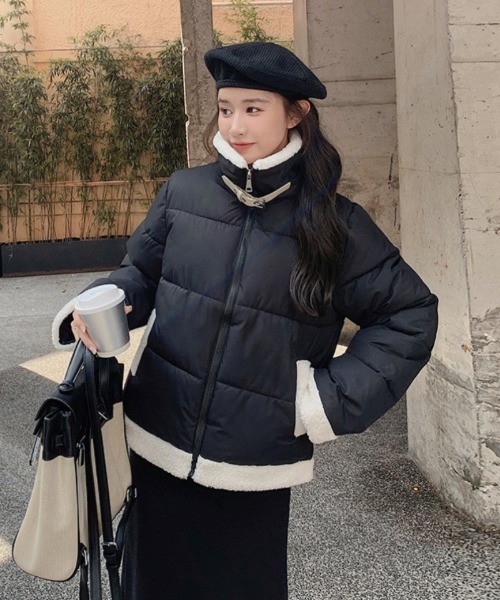 ダウンコート ダウンジャケット ボア部分使い スタンドカラー エコ