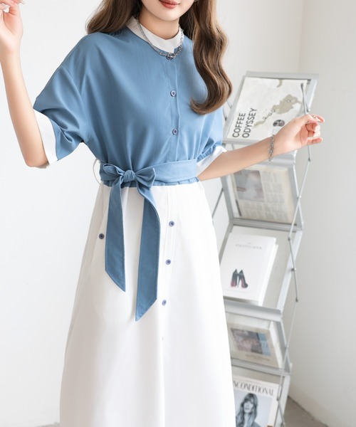 emi+ シャツワンピース ウエストベルト付きバイカラーシャツ
