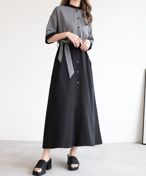 emi+ シャツワンピース ウエストベルト付きバイカラーシャツワンピース