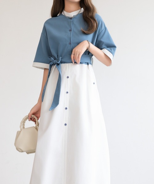   美シルエット ウエストベルト付き シャツドレス emi+ シャツワンピース ウエストベルト付きバイカラーシャツ