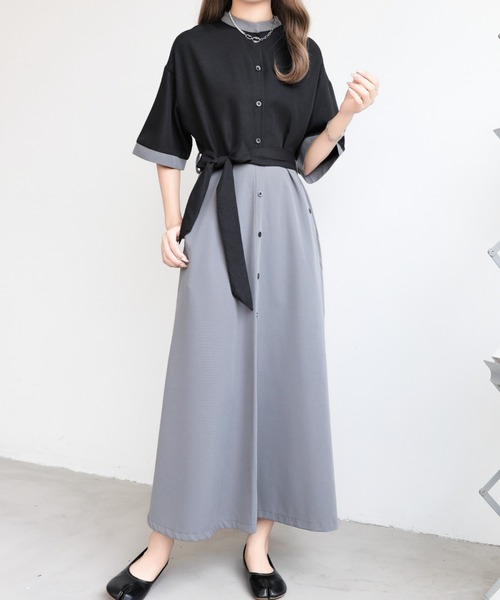 美シルエット ウエストベルト付き シャツドレス emi+ シャツワンピース ウエストベルト付きバイカラーシャツ