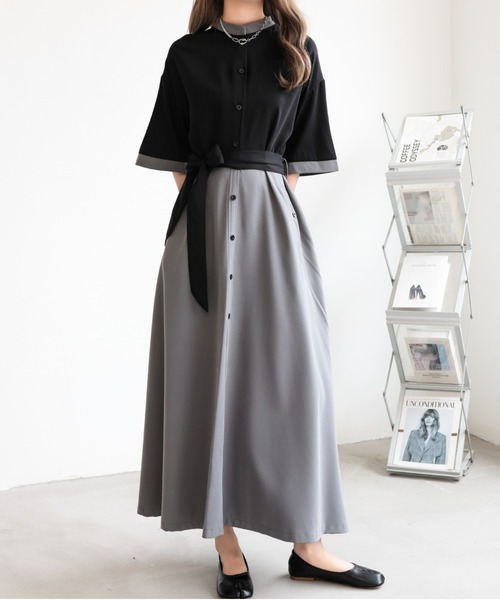 【CHICLINE 】 25SS エリーブ ベルト付きストライプワンピース emi+ シャツワンピース ウエストベルト付きバイカラーシャツ