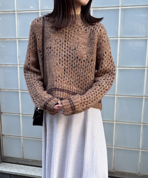 ニット セーター ウール混花柄メッシュクルーネックニット レディース