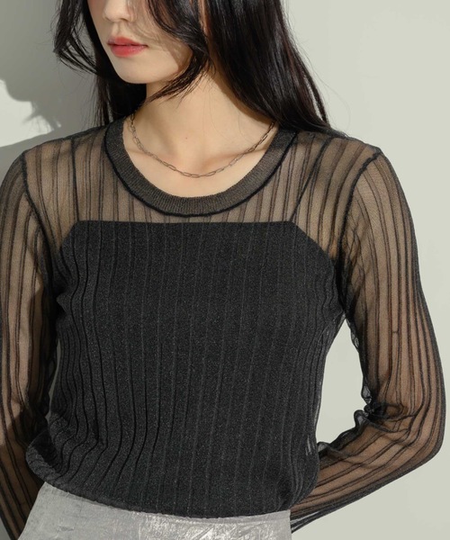 tシャツ シアーリブクルーネックトップス レディース