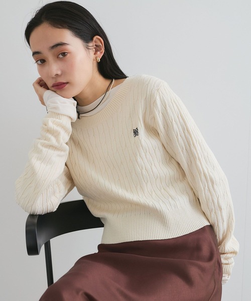 VIS ニット セーター ワンポイント胸刺繍ケーブルニットプル