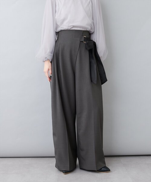 【新品タグ付】Jines ウエストリボンガウチョパンツM グレー natural couture パンツ ウエストリボンタックパンツ レディース