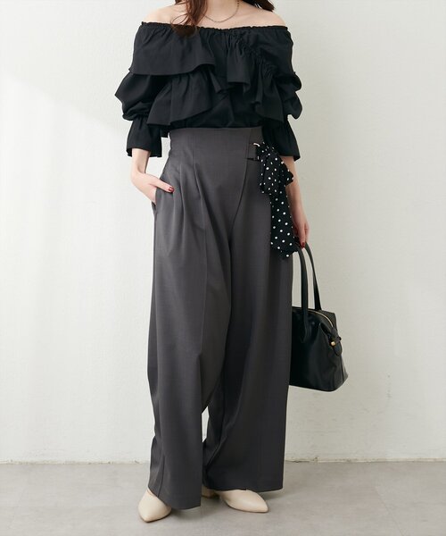 natural couture パンツ ウエストリボンタックパンツ レディース