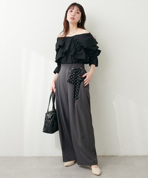 あぢゅ natural couture ウエストリボンタックパンツ natural couture パンツ ウエストリボンタックパンツ レディース