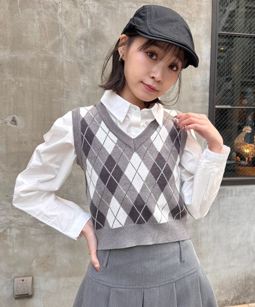 SOLLON.（ソルロン） ベスト ジレ アーガイルニットベスト レディース