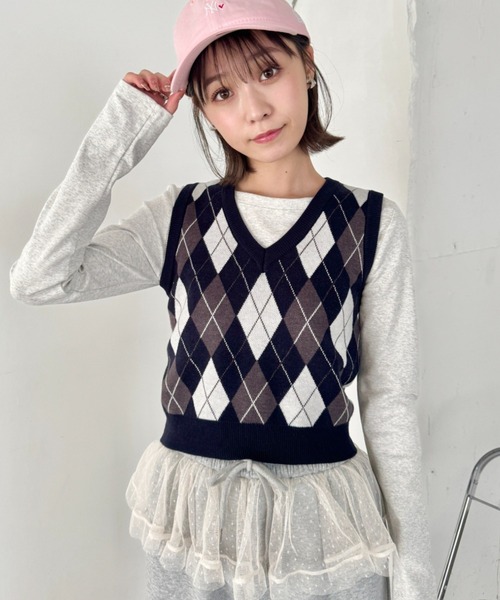 SOLLON.（ソルロン） ベスト ジレ アーガイルニットベスト レディース 