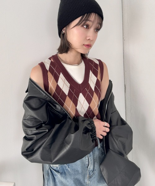 SOLLON.（ソルロン） ベスト ジレ アーガイルニットベスト レディース 