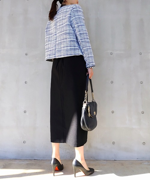 Q ジャケット ノーカラージャケット ノーカラーツイードジャケット