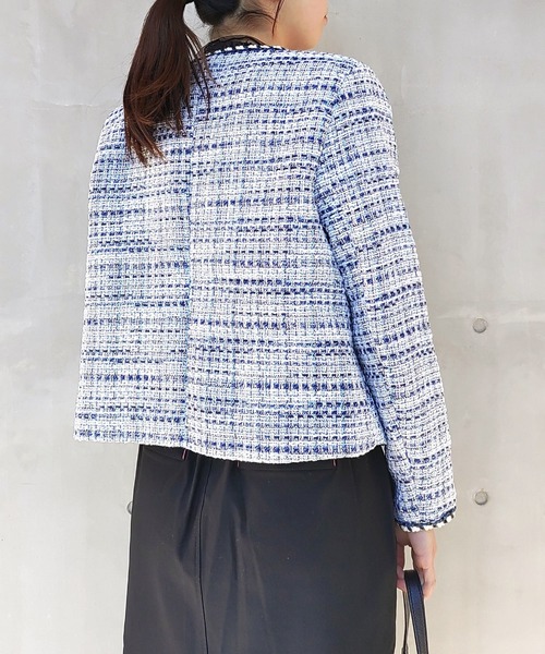 Q ジャケット ノーカラージャケット ノーカラーツイードジャケット