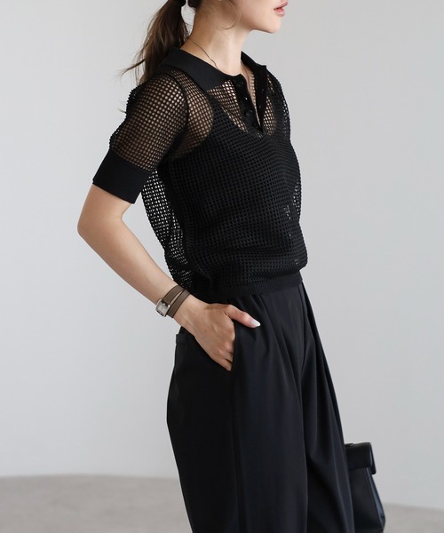 ニット セーター メッシュニットポロシャツ レディース She's Closet ニット セーター 透かし編み長袖ポロシャツ