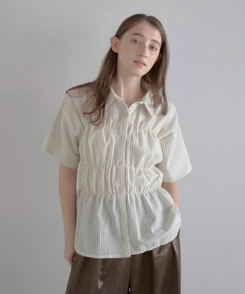 ブラウス シャツ 「MINERTE」bustier style shirt / シャーリングビスチェ風ストライプシャツ レディース