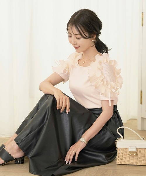 tシャツ フリル袖 リブカットソー  le reve vaniller レディース le reve vaniller tシャツ フリル袖 リブカットソー レディース