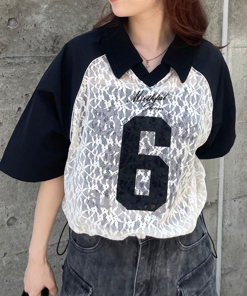 tシャツ レース切替ナンバリングユニフォームTシャツ　襟付きショートTシャツ レディース