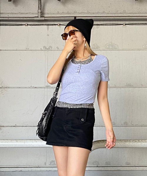 non-hedge tシャツ ヒョウ柄インナー風レイヤードショート丈