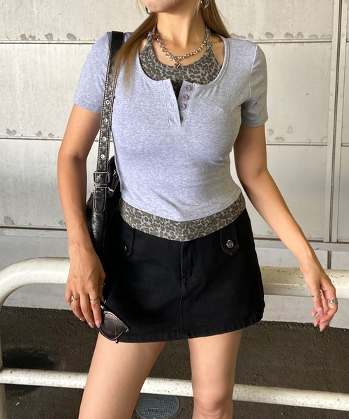 non-hedge tシャツ ヒョウ柄インナー風レイヤードショート丈