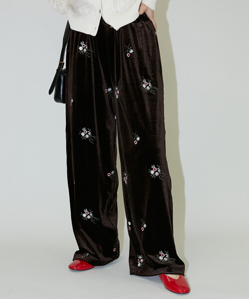 PUBLUX（パブリュクス） パンツ 花刺繍 ベロア イージーパンツ 限定