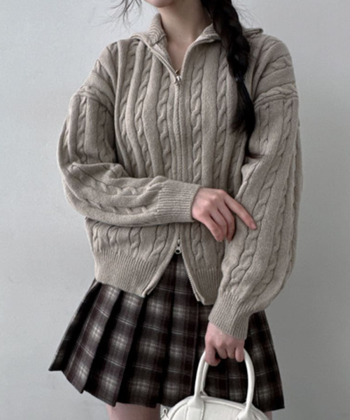 ニット セーター ダブルジップ ケーブルニットカーディガン レディース