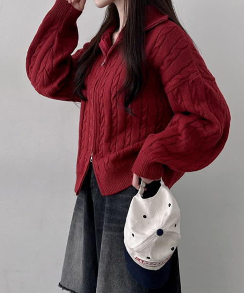 ニット セーター ダブルジップ ケーブルニットカーディガン レディース