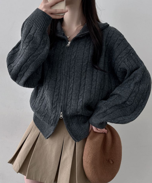 ニット セーター ダブルジップ ケーブルニットカーディガン レディース